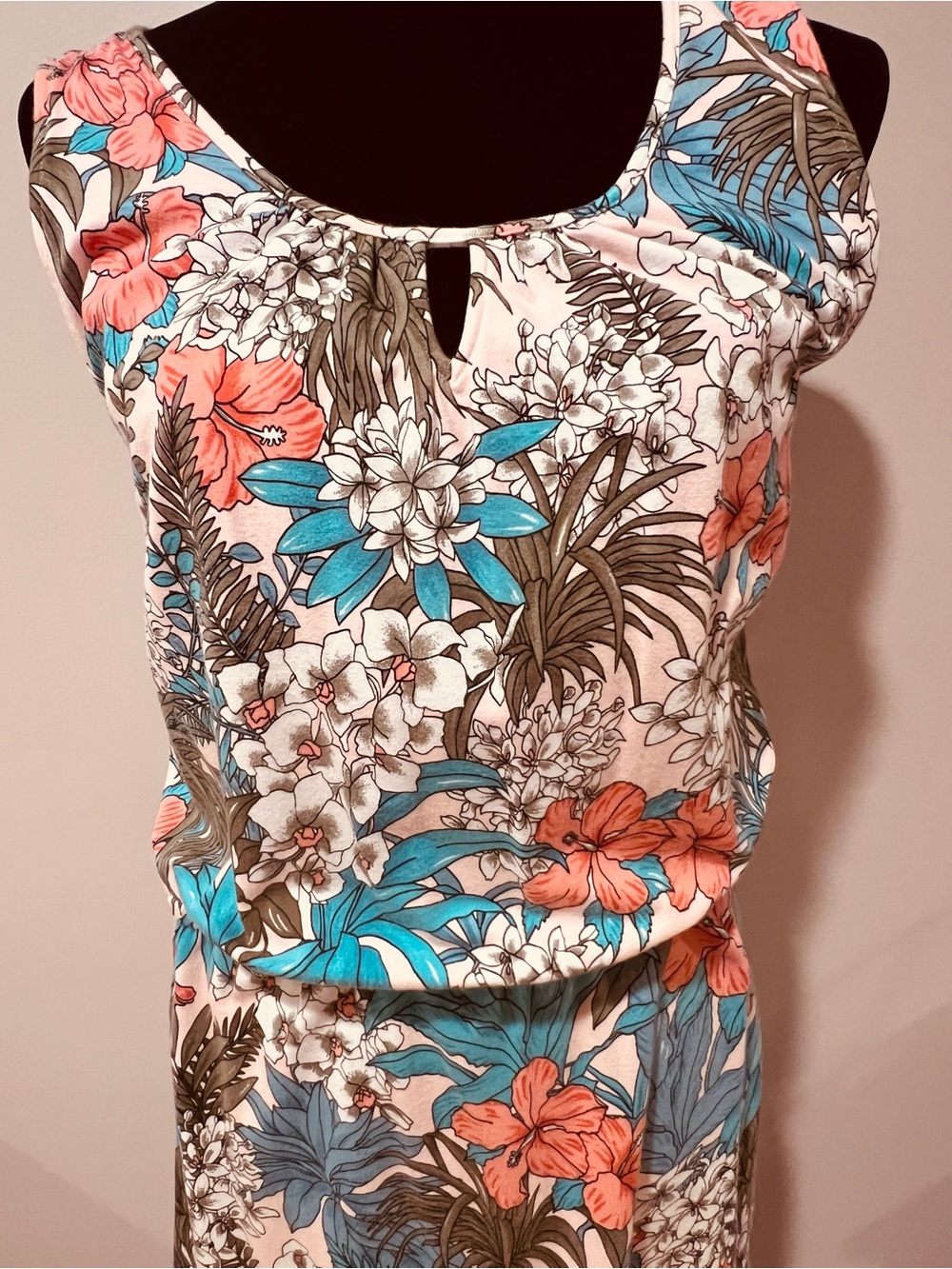 Talbots Pink Hawaiian Floral Keyhole Maxi Dress with Teal Accents, size Large - Picture 2 of 7